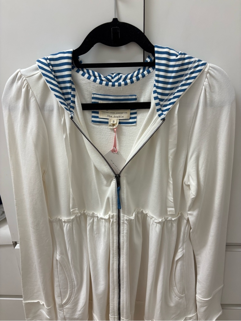 evy's tree Cream Hooded Zip Utility Jacket with Blue Striped Hood